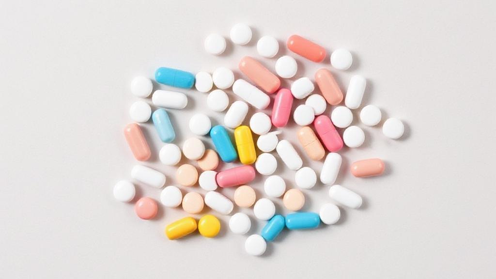 A collection of various generic medication pills scattered on a neutral background, symbolizing alternatives to Vyvanse.