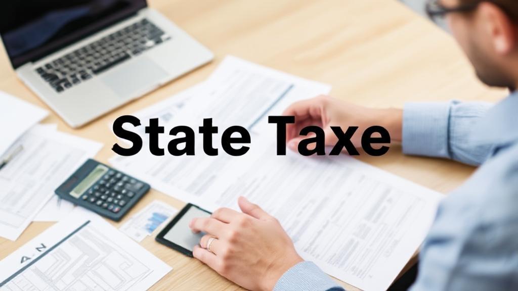 A person sitting at a desk with a laptop, surrounded by tax documents and a calculator, symbolizing the process of paying state taxes.