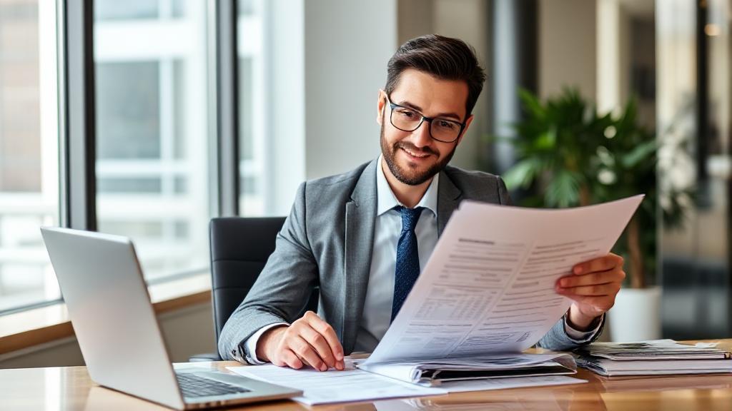 A professional businessperson confidently reviewing financial documents and credit reports at a modern office desk.