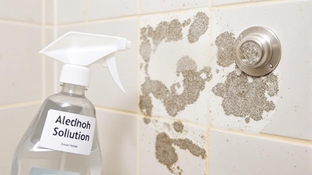 A close-up image of a spray bottle labeled "Alcohol Solution" aimed at a patch of mold on a bathroom tile.