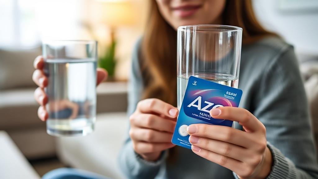 A close-up image of a woman holding a glass of water and a pack of Azo urinary pain relief tablets, set against a soft-focus background of a cozy living room.