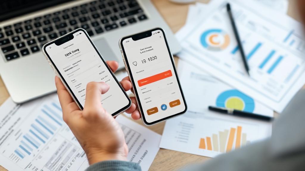 A person checking their credit score on a smartphone, surrounded by financial documents and a laptop.