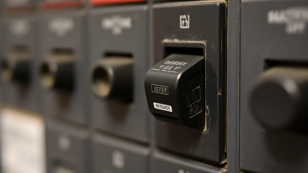 A close-up image of a circuit breaker panel with one switch flipped to the "off" position, symbolizing a tripped breaker.