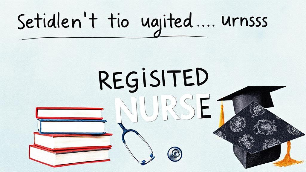 A dynamic collage illustrating the journey from student to registered nurse, featuring textbooks, a stethoscope, and a graduation cap.