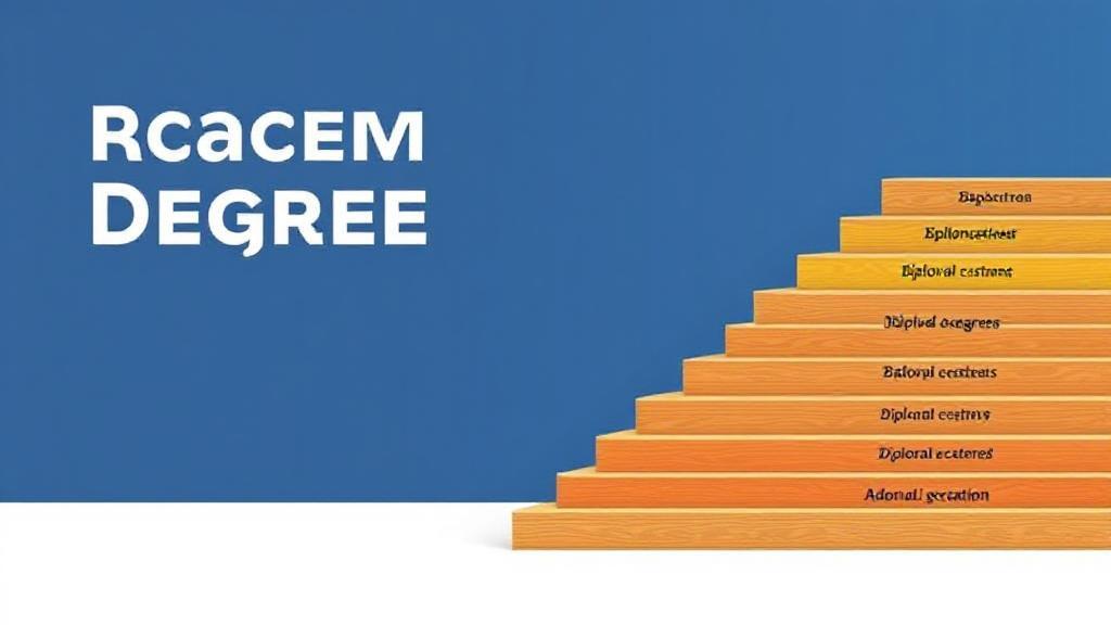 A visual representation of the academic degree hierarchy, featuring a staircase of diplomas ascending from bachelor's to doctoral levels.