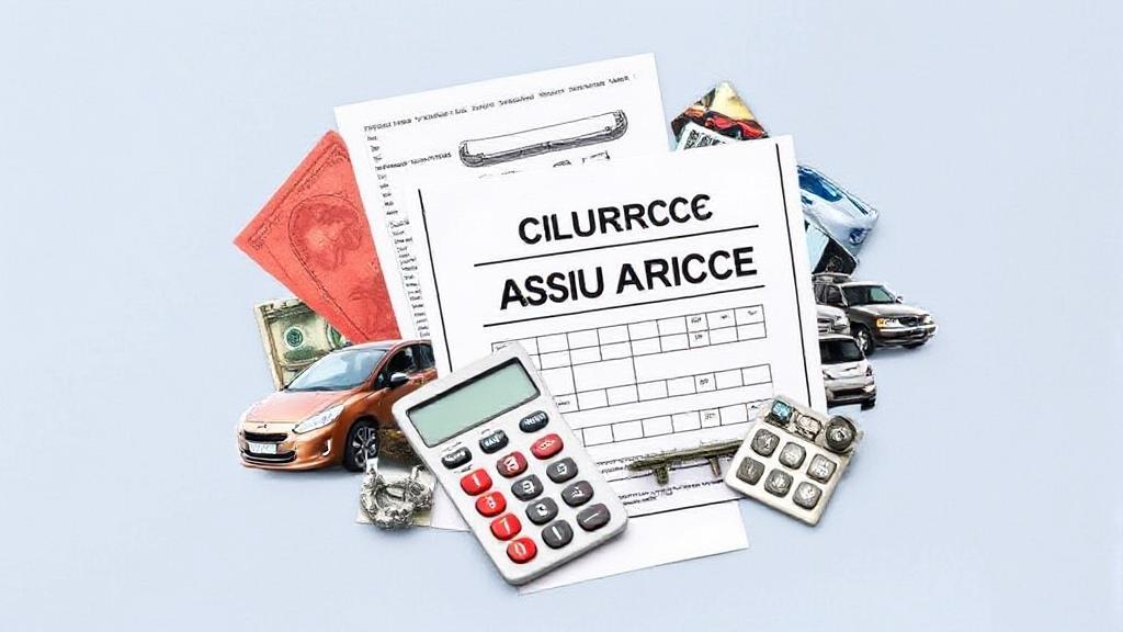 A dynamic collage of cars, insurance documents, and a calculator, symbolizing the various elements influencing car insurance rates.