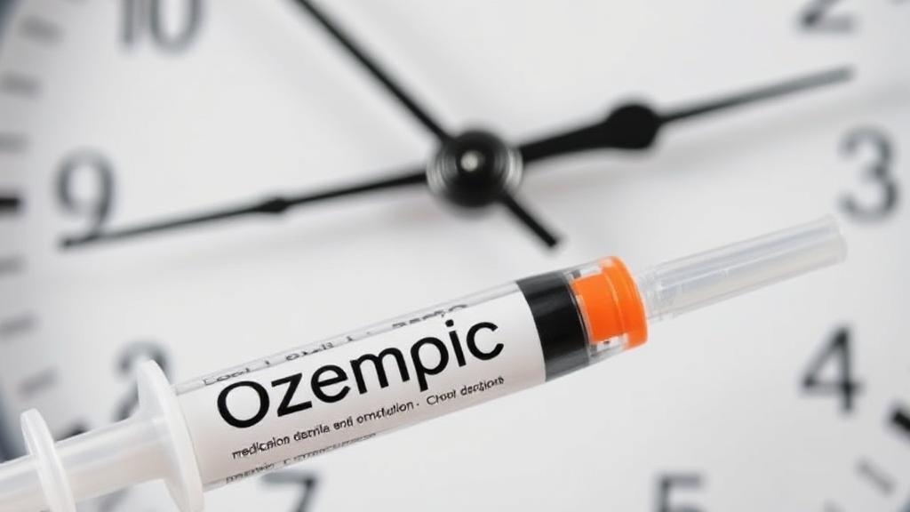 A close-up of a clock face with a syringe and Ozempic packaging in the foreground, symbolizing the medication's duration in the body.
