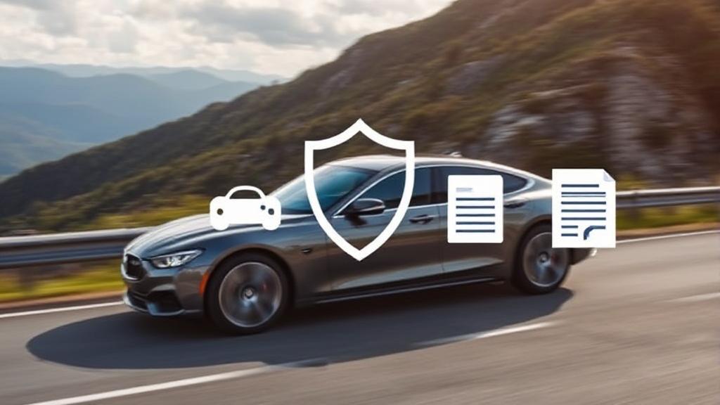 A sleek car driving on a scenic road, with icons of a shield, a car, and a document overlayed to symbolize protection and coverage.