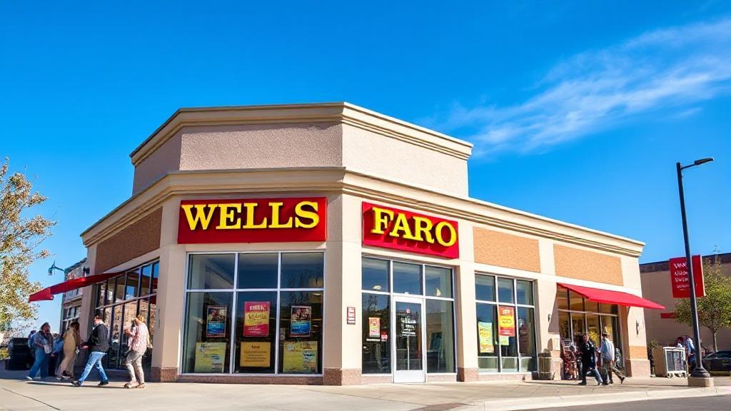 A bustling Wells Fargo branch exterior with a clear view of the iconic red and yellow signage against a bright blue sky.