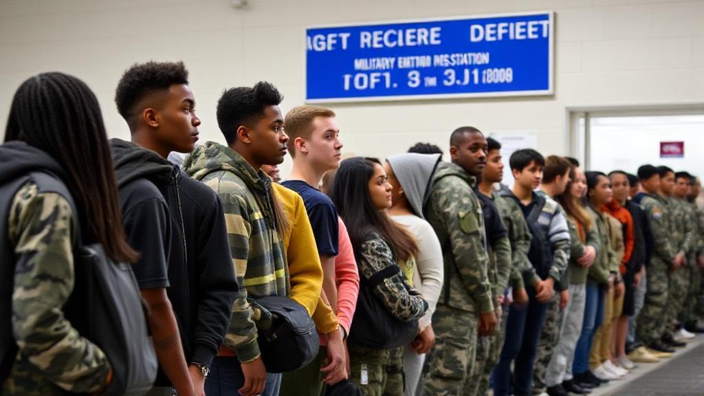 A diverse group of young adults stand in line at a Military Entrance Processing Station, ready to begin their journey into military service.
