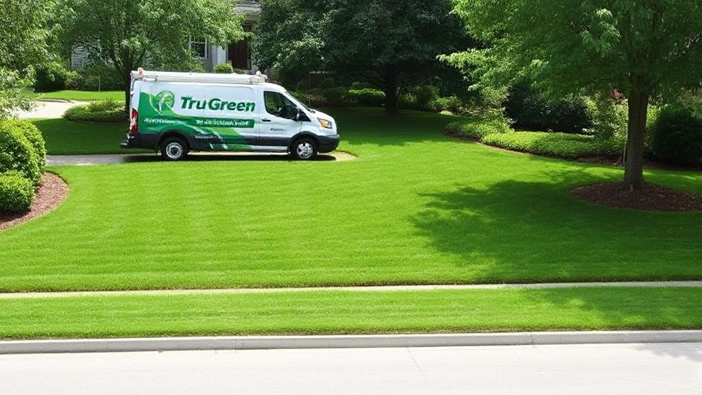 A lush, well-manicured lawn with a TruGreen service truck parked nearby, symbolizing professional lawn care services.