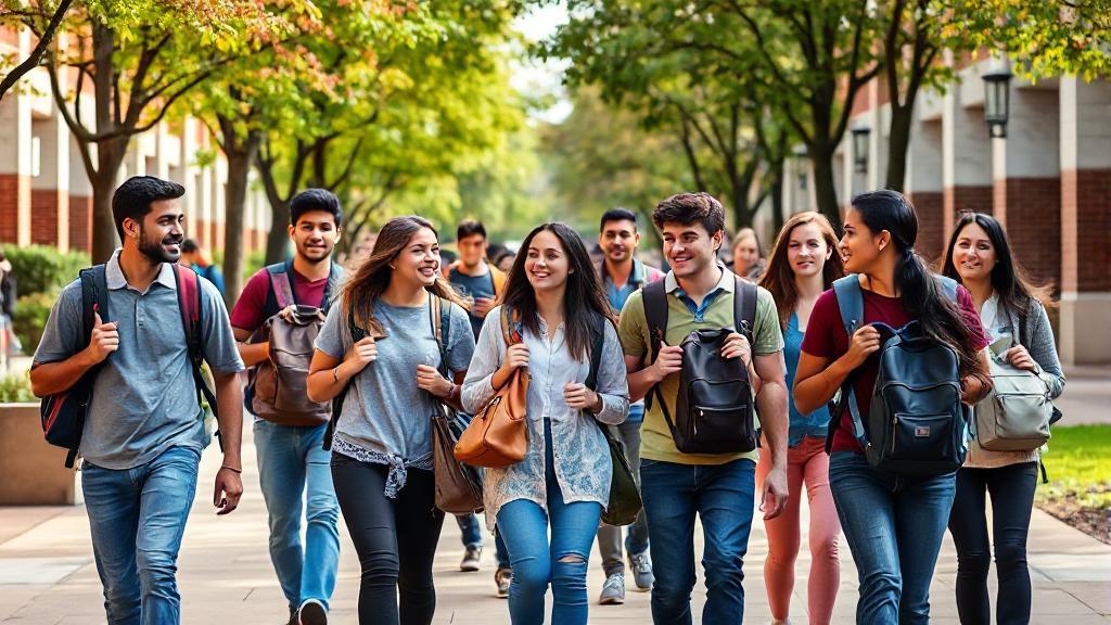 A diverse group of college students walking across a vibrant campus, carrying backpacks and engaging in lively conversation.