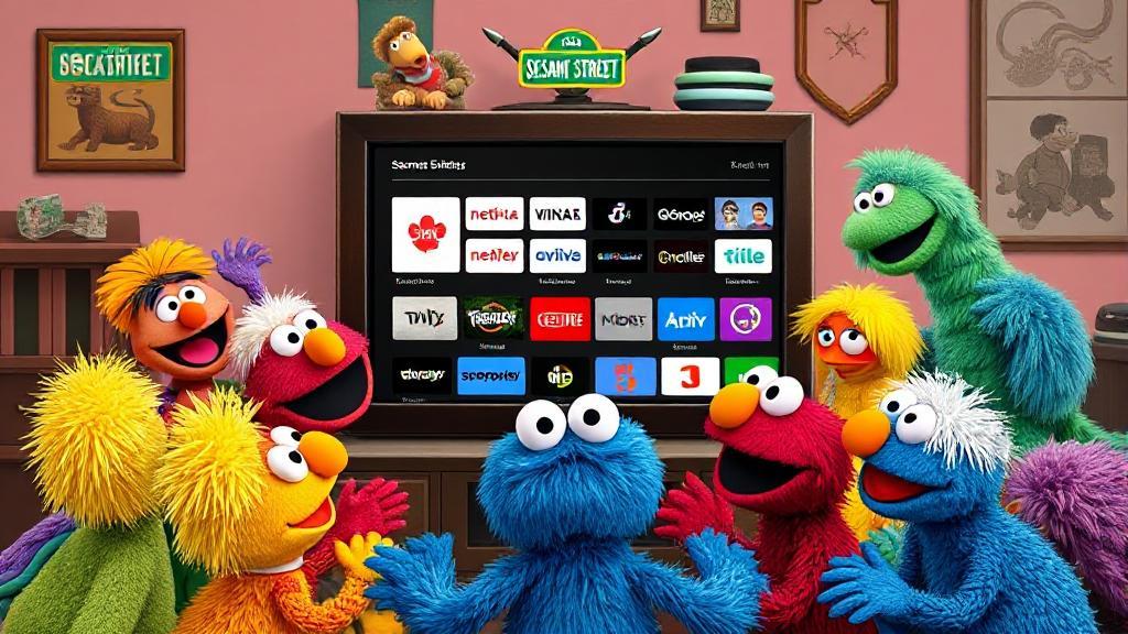 A colorful collage of beloved Sesame Street characters gathered around a TV, showcasing various streaming platforms on the screen.