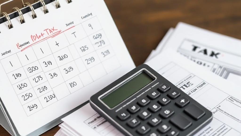 A calendar marked with important tax deadlines and a calculator resting on a stack of tax forms.