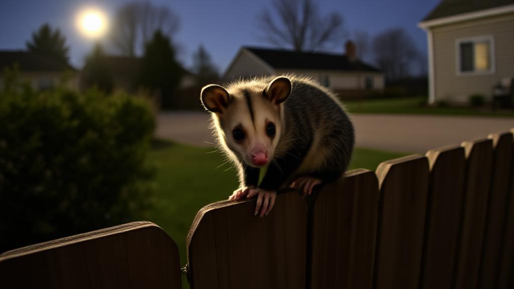 A curious possum perched on a backyard fence under moonlight, highlighting its gentle nature amidst suburban surroundings.