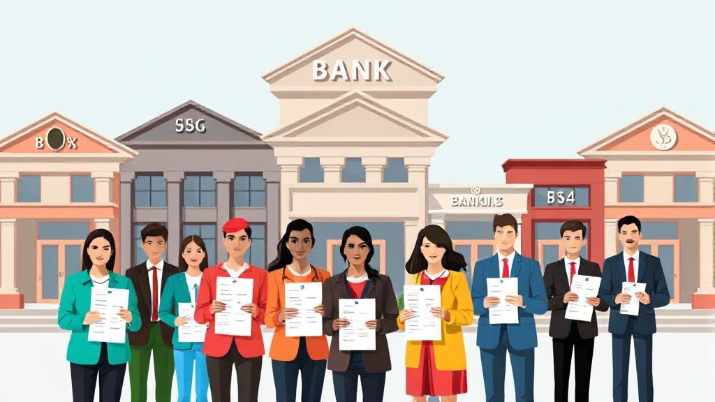 A diverse group of people standing in front of various bank buildings, each holding a checklist to symbolize evaluating banking options.
