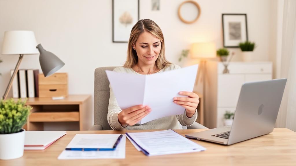 A thoughtful couple reviewing tax documents together at a cozy home office desk.