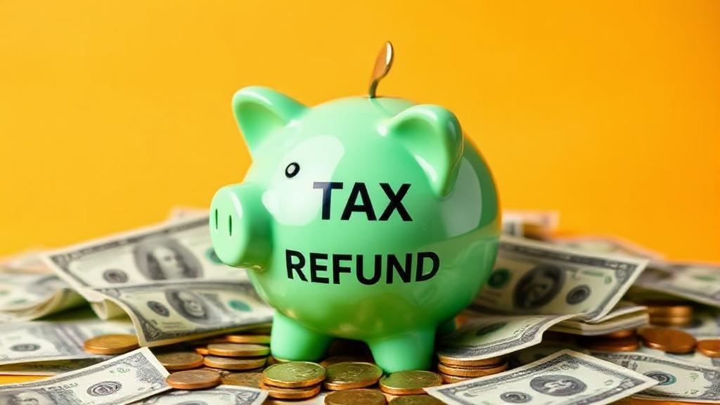 A vibrant image of a piggy bank surrounded by dollar bills and coins, symbolizing strategic financial planning with a tax refund.