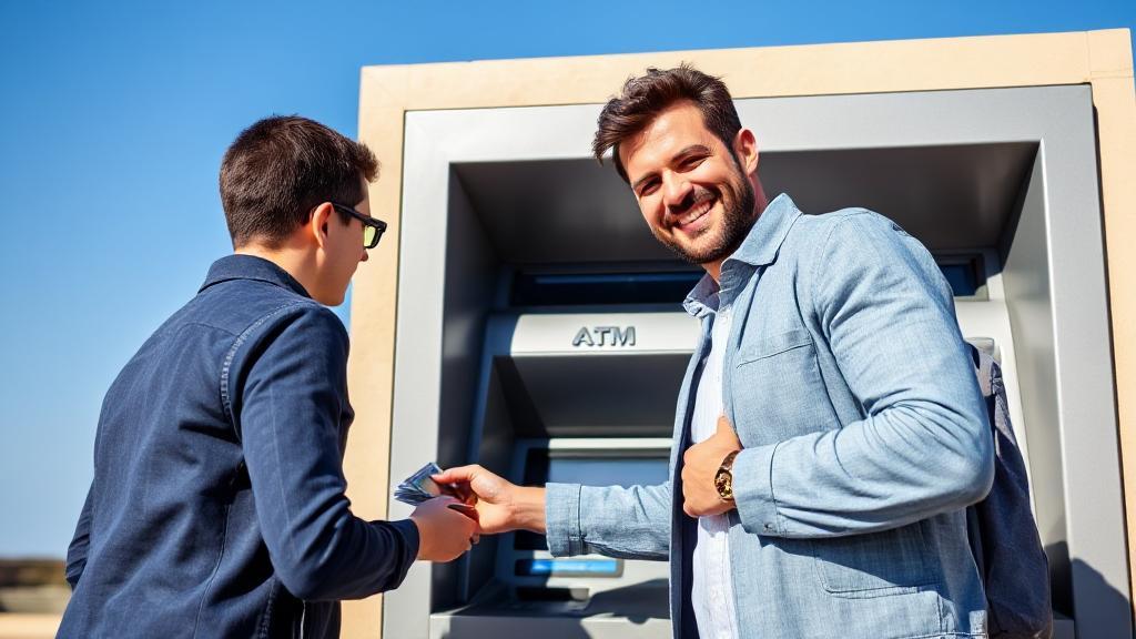 A person confidently depositing cash into an ATM under a clear blue sky.