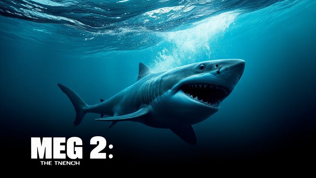 A thrilling underwater scene featuring a massive prehistoric shark lurking beneath the ocean's surface, hinting at the adventure and danger in "Meg 2: The Trench."