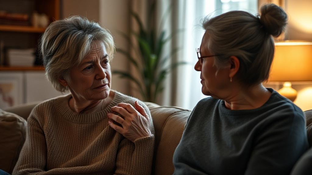 A concerned person gently placing a hand on a friend's shoulder, both sitting in a cozy, softly lit room.