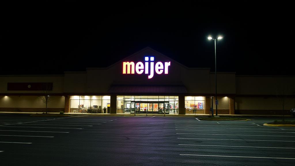 A nighttime view of a Meijer store with its illuminated sign, surrounded by a nearly empty parking lot.