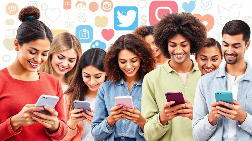A vibrant collage of diverse adults engaging with digital content on their smartphones, set against a backdrop of abstract social media icons.