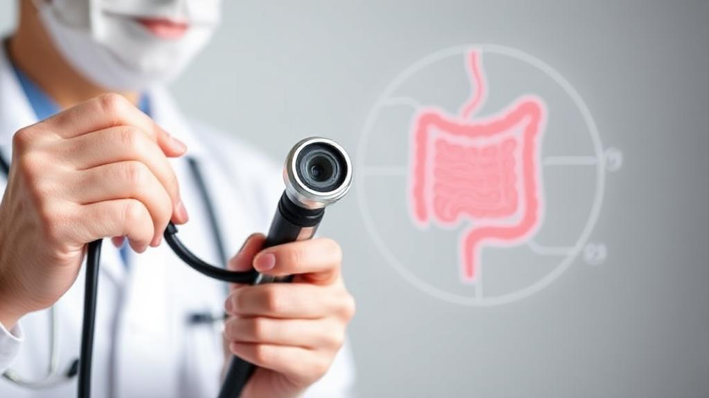 A medical professional holding a colonoscope, with a diagram of the colon in the background, symbolizing the importance of colonoscopy screening.