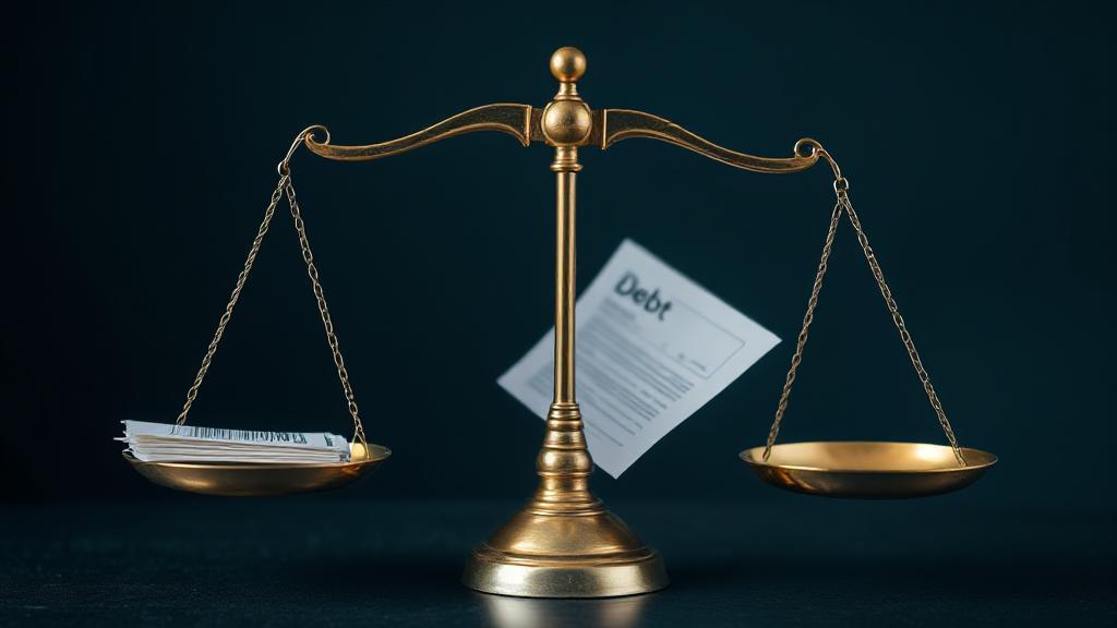 A conceptual image of a balance scale weighing money and debt documents, symbolizing the balance and implications of financial obligations.