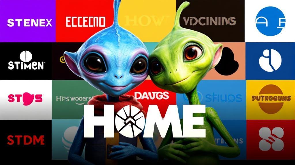 A vibrant collage featuring the lovable alien Oh and his human friend Tip from the movie "Home," set against a backdrop of streaming platform logos.