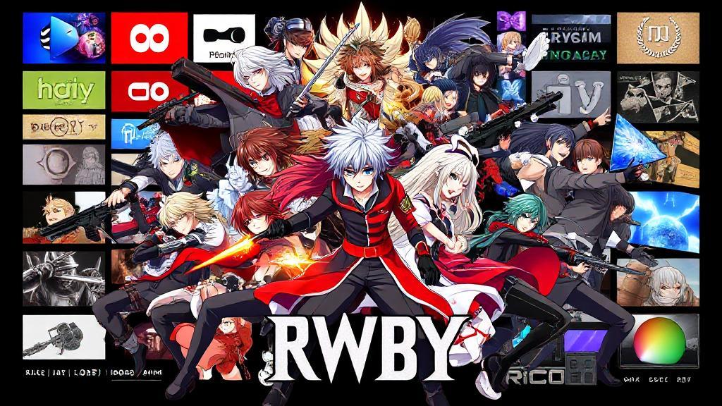 A vibrant collage featuring the main characters of RWBY in action-packed poses, set against a backdrop of both digital streaming icons and traditional media formats.