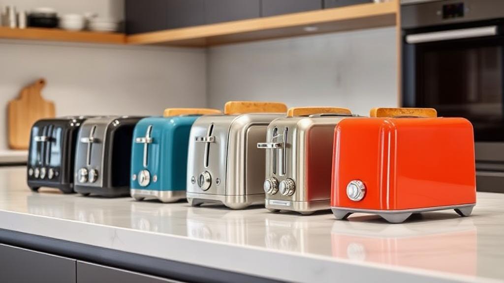 A sleek lineup of modern toasters in various styles and colors displayed on a contemporary kitchen countertop.