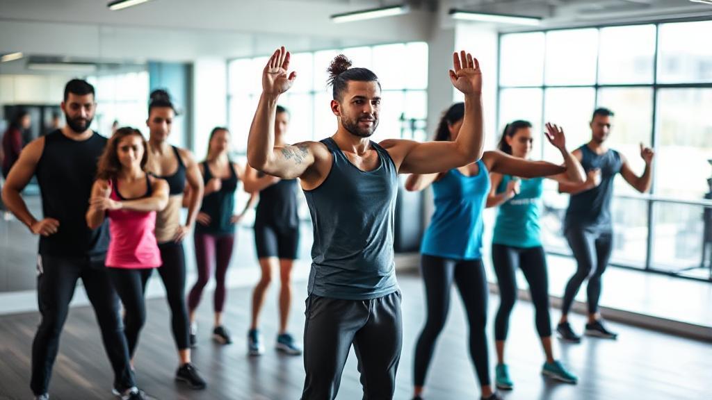 A dynamic image of a fitness trainer leading a diverse group workout session in a modern gym setting.