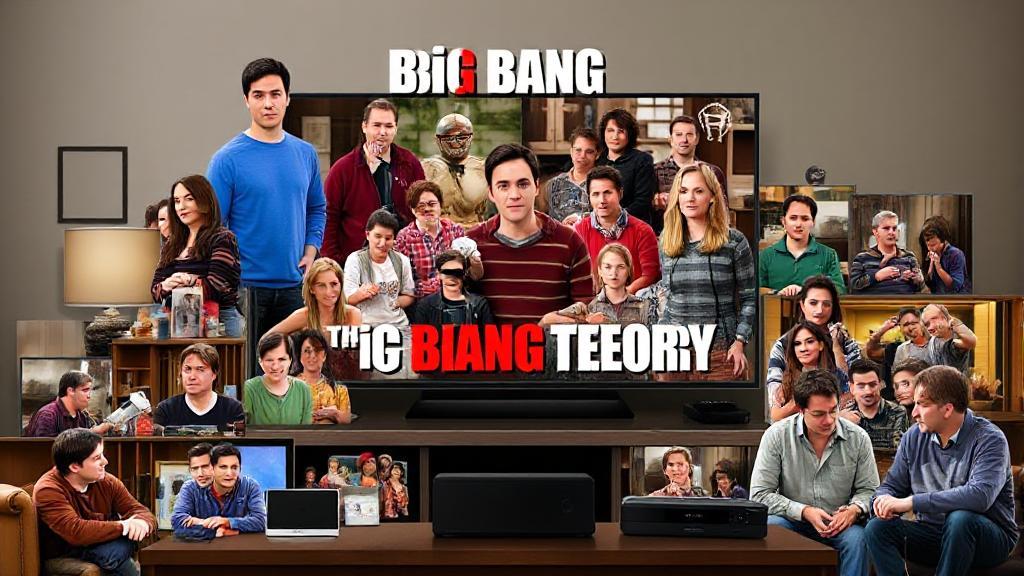 A collage of iconic scenes and characters from The Big Bang Theory set against a backdrop of streaming devices and a television.