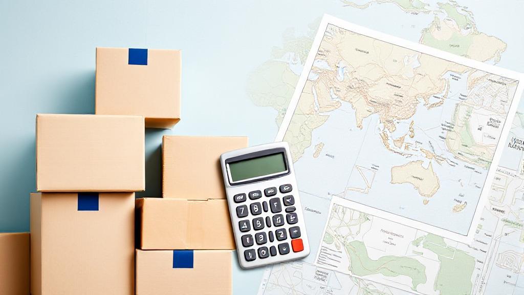 A collage of moving boxes, a calculator, and a map, symbolizing the financial planning and logistics involved in relocating.