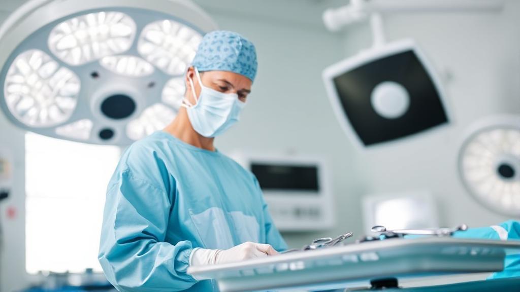A surgeon in a brightly lit operating room prepares for an appendectomy, with surgical instruments neatly arranged on a tray nearby.