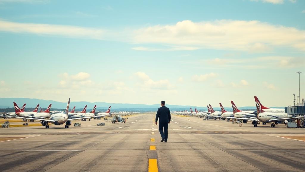 A bustling airport runway with grounded planes and a lone pilot walking towards the terminal, symbolizing the pilot shortage crisis.