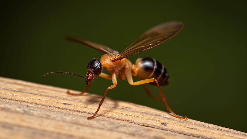 A close-up image of a winged termite perched on a wooden surface, highlighting its delicate wings and intricate body structure.