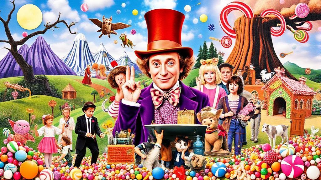 A vibrant collage featuring iconic scenes and characters from the movie "Wonka," set against a backdrop of whimsical candy landscapes.