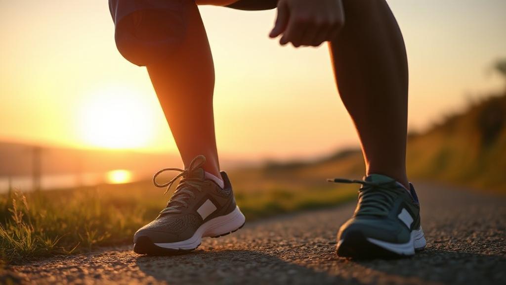 A cheerful runner laces up their shoes at sunrise on a scenic path, ready to begin their fitness journey.