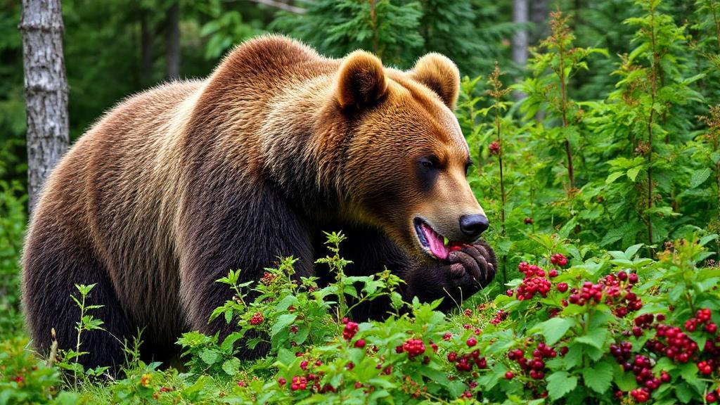 A majestic grizzly bear foraging for berries in a lush forest, showcasing its diverse diet.