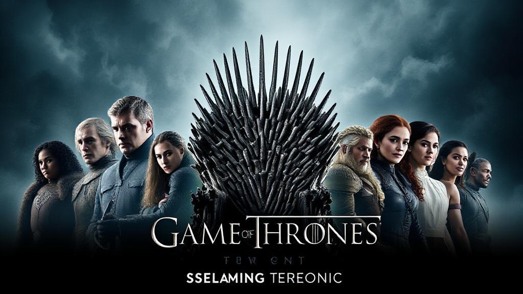 A dramatic collage of iconic Game of Thrones characters set against the Iron Throne, symbolizing the epic fantasy series available for streaming.