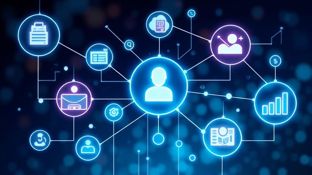 A dynamic illustration of interconnected digital icons representing customer data, communication, and analytics, symbolizing the core elements of Customer Relationship Management.