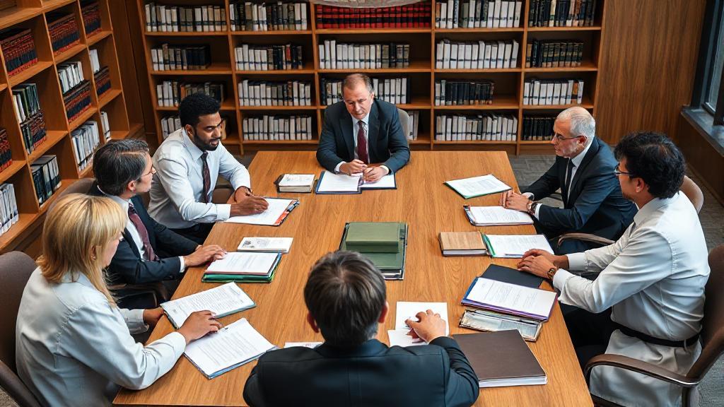 A diverse group of lawyers engaged in a discussion around a large conference table, surrounded by legal books and documents.