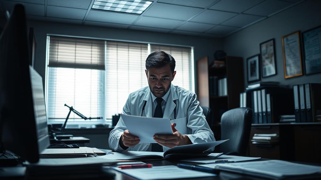 A forensic psychologist analyzing evidence in a dimly lit office, surrounded by legal documents and psychological assessment tools.