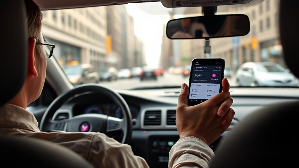 A Lyft driver navigates city streets, with a focus on the app's earnings dashboard displayed on their smartphone.