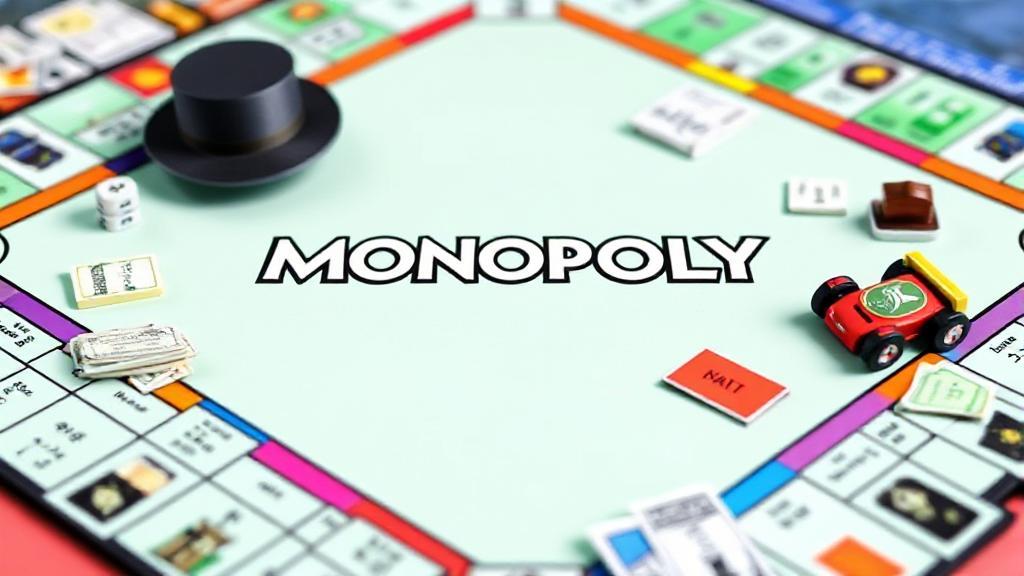 A vibrant image of a Monopoly board mid-game, showcasing colorful properties, money, and iconic tokens like the top hat and racecar.