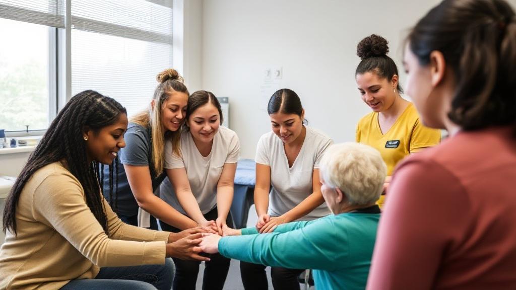 A diverse group of occupational therapy students engaged in hands-on training with a mentor in a clinical setting.