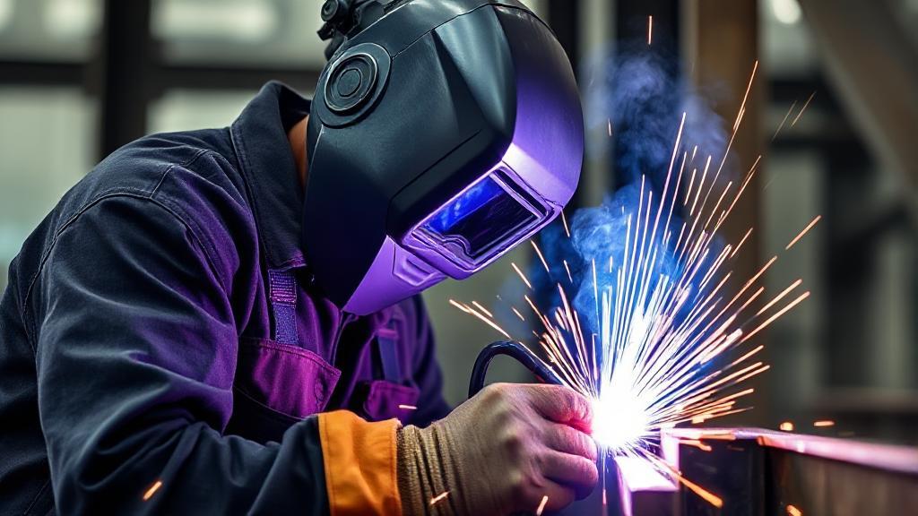 A skilled welder in protective gear working on a metal structure, with sparks flying, symbolizing the profession's hands-on nature and earning potential.
