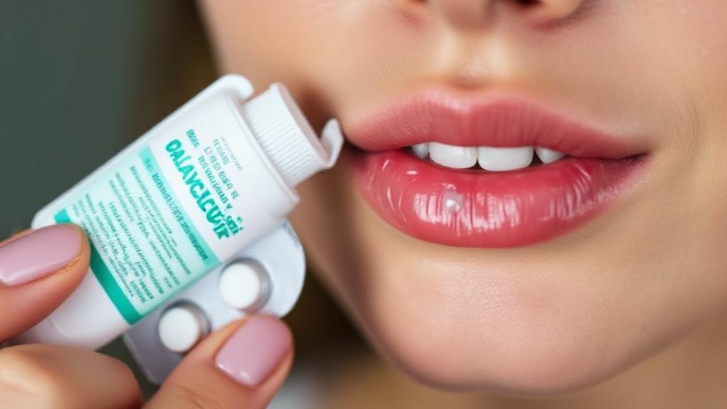 A close-up image of a person applying a topical treatment to a cold sore on their lip, with a blister pack of valacyclovir tablets in the background.